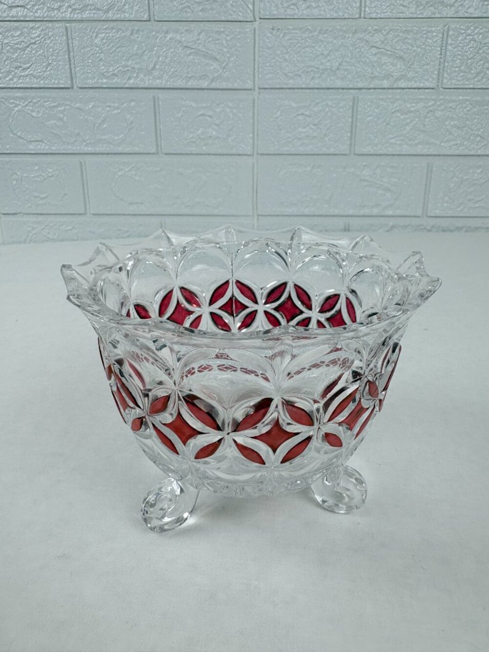 Vintage German Lead Crystal Footed Candy Bowl Ruby Red Flash Diamond Cut - NIB